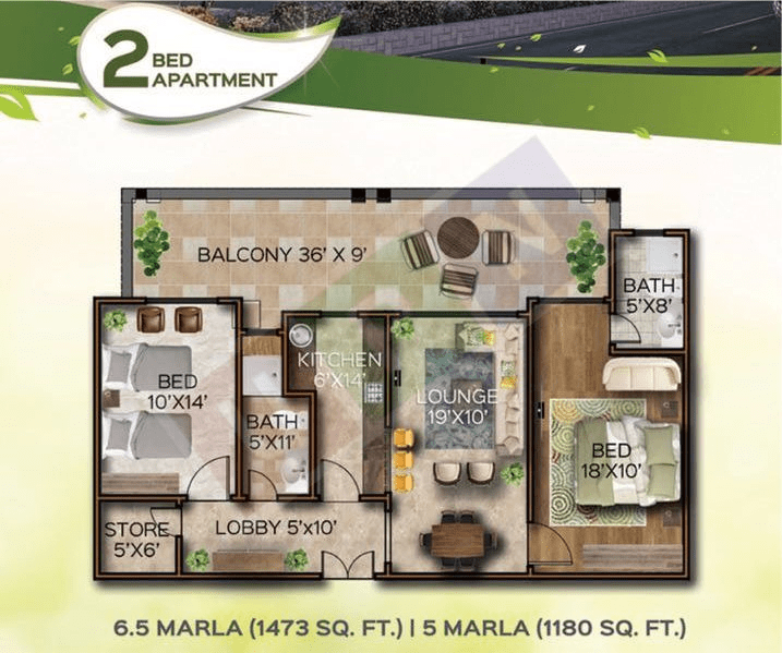 • 2-Bedroom Apartment (6.5/5 Marla, 1473/1180 Sq. Feet)