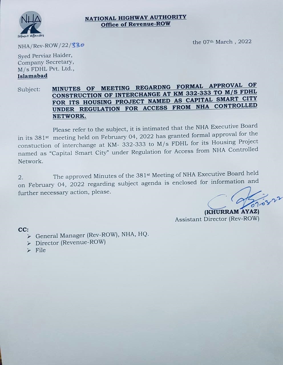 Notification of Capital Smart City Interchange Approved on M2 Motorway