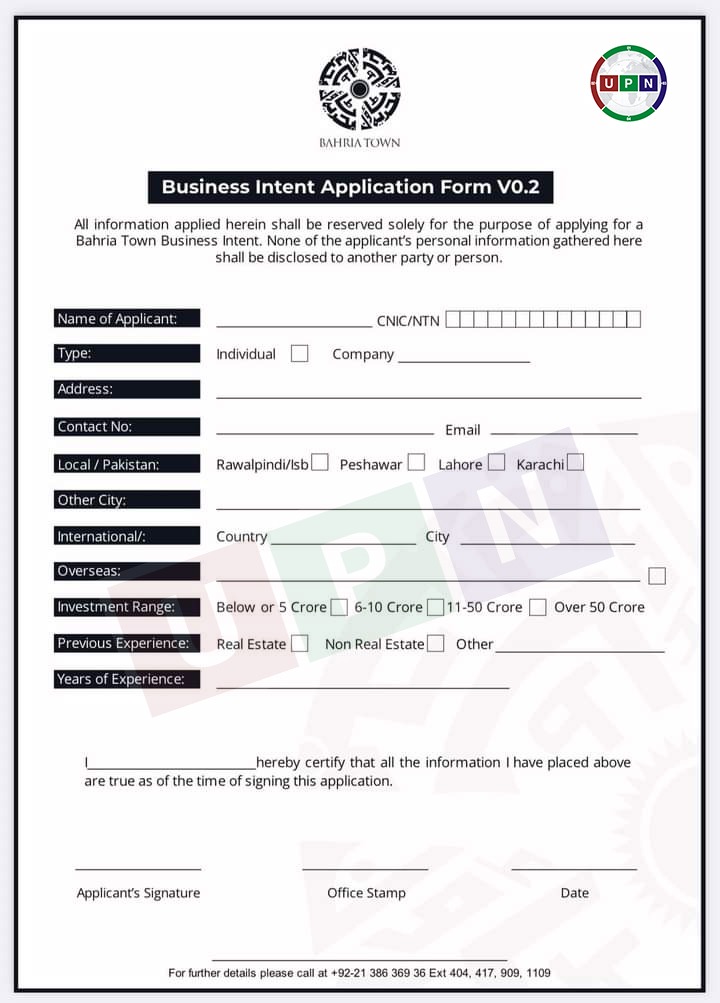 Bahria Town Karachi 2 Booking Form
